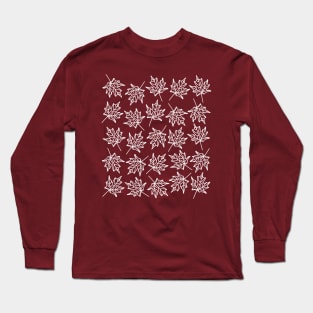 White Doodle Outlined Autumn Leaves Pattern on a Maroon Backdrop, made by EndlessEmporium Long Sleeve T-Shirt